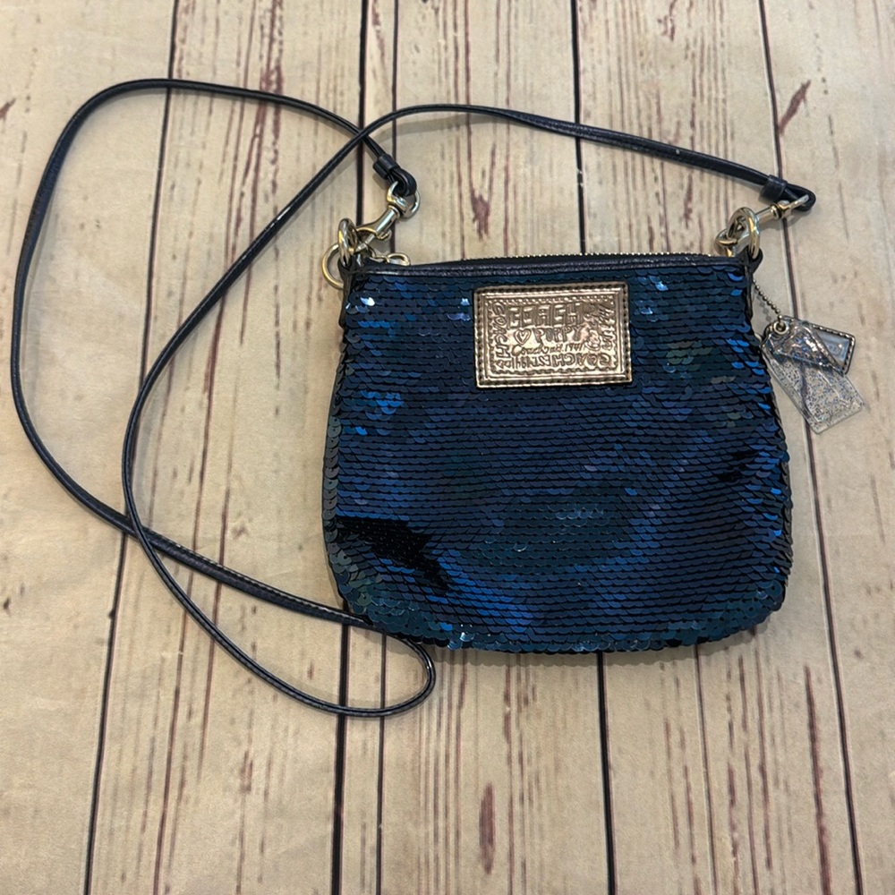 Coach Poppy Blue Sequins Crossbody Mini Purse Blue